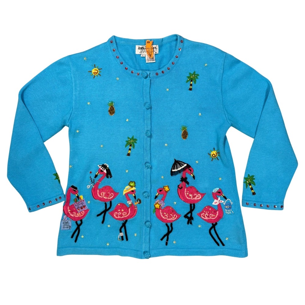 90's Beach Coastal Grandma Tropical Flamingo Cardigan Sweater Blue Bead Sequin L
